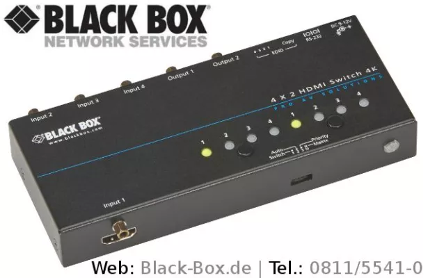Bild: Neuer 4K-HDMI-Switch von Black Box ermöglicht 2 Arbeitsplätzen Zugriff auf 4 UHD-Quellen
