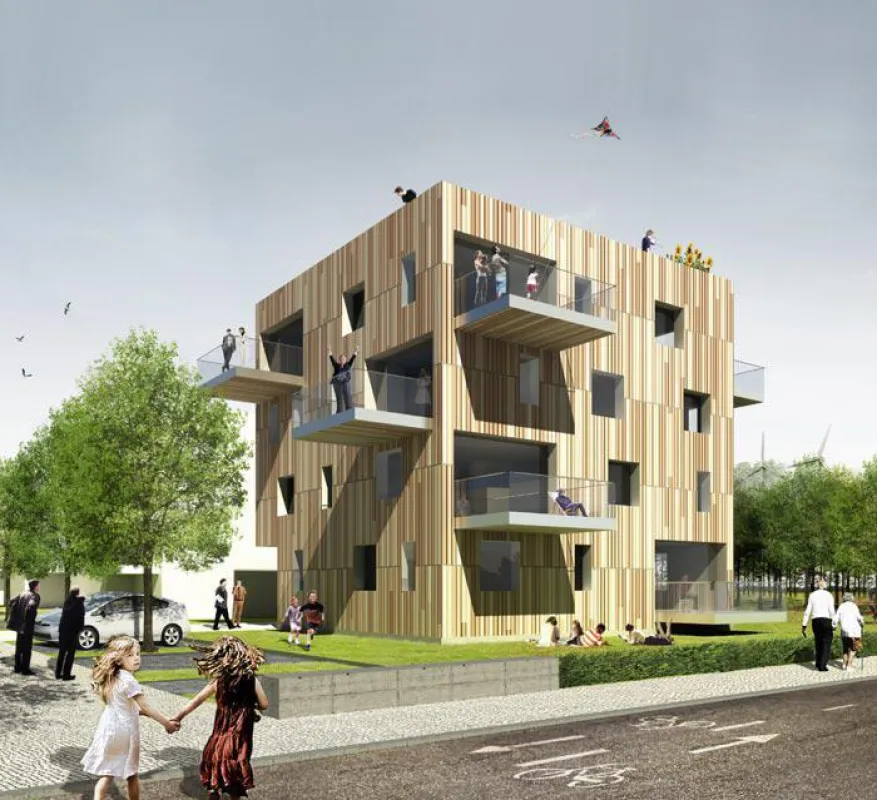 Holz Baustoff der Zukunft - WOODCUBE Siegerbeitrag im Auswahlverfahren der IBA Hamburg Bild: IfH