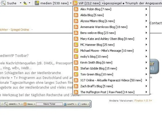 Bild: ViP Blogs und neue Links in der medienViP Toolbar