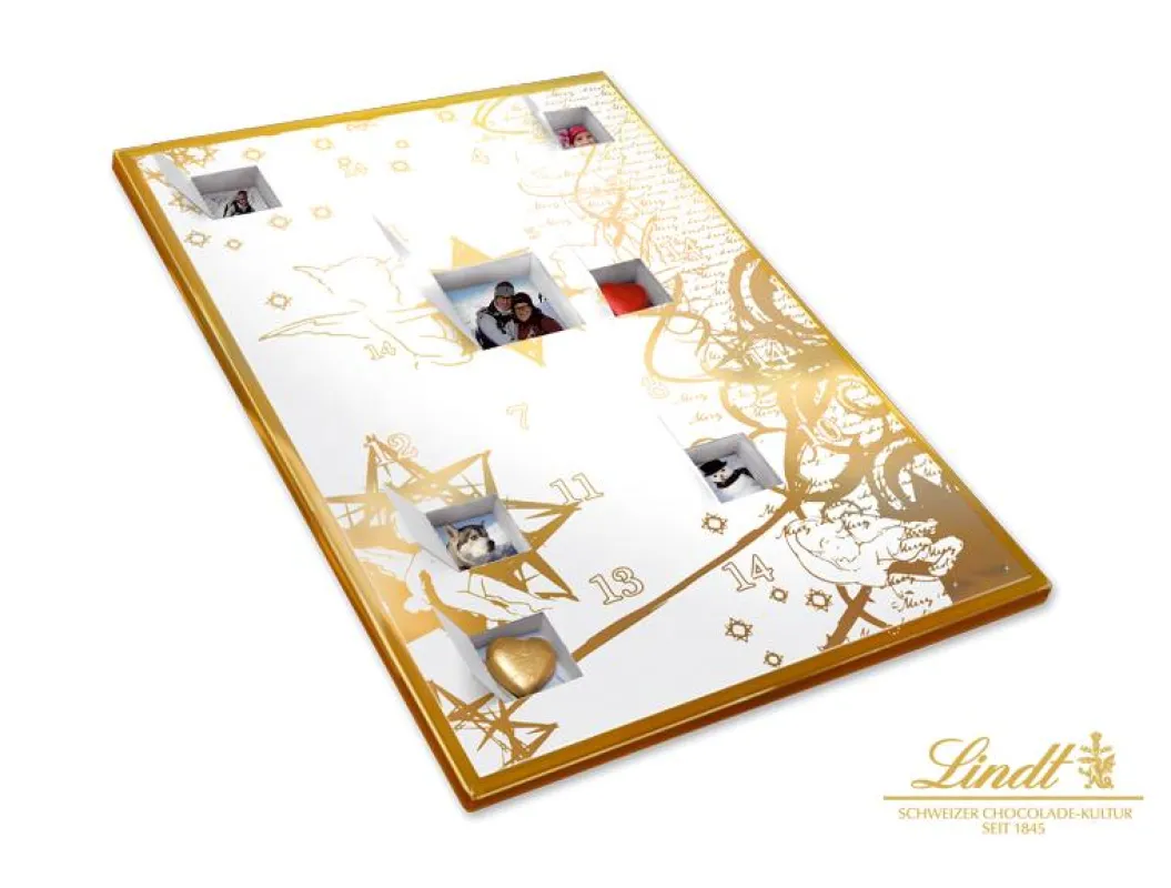 Dieser Adventskalender ist etwas ganz Besonderes: Hinter jedem Türchen wartet ein persönliches Foto und ein Schoko-Herz von Lindt