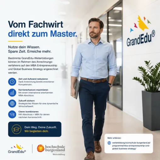 Bild: Vom Fachwirt direkt zum Master: GrandEdu und Hochschule Burgenland schaffen einen durchgängigen Karriereweg