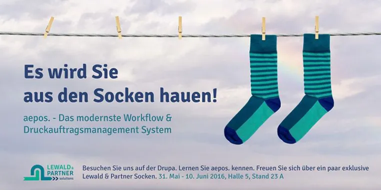 Lewald & Partner startet zur Drupa Workflow Kampagne „Es wird Sie aus den Socken hauen“ Bild: Lewald & Partner startet zur Drupa Workflow Kampagne „Es wird Sie aus den Socken hauen“