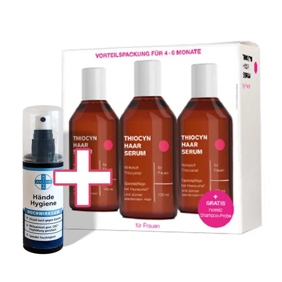 Thiocyn Haarserum bestellen und ein praktisches Hand-Desinfektionsspray gratis erhalten.