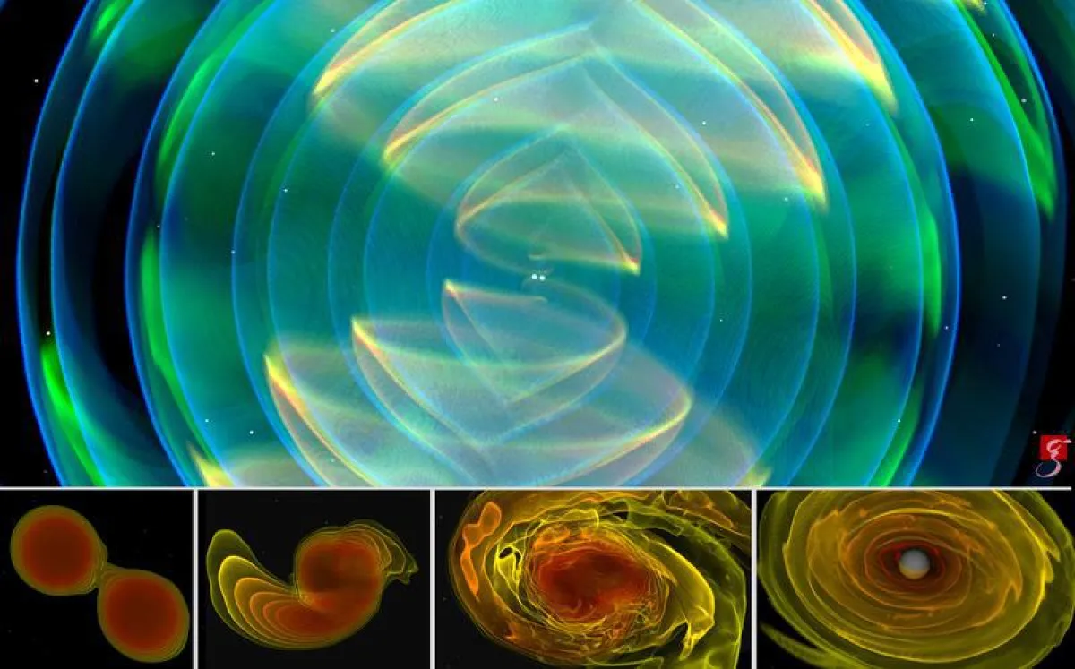 Computersimulation von der Kollision zweier Neutronensterne. (Details: siehe Meldungstext) (Visualisierung: T. Dietrich, S. Ossokine, H. Pfeiffer, A. Buonanno (MPI für Gravitationsphysik))