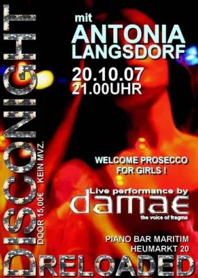 „Disconight Reloaded“ mit Antonia Langsdorf und Liveact Damae am 20. Oktober Bild: „Disconight Reloaded“ mit Antonia Langsdorf und Liveact Damae am 20. Oktober