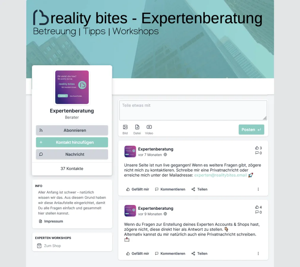 reality bites - Expertenprofil im Userbereich der Community Online Plattform (© reality bites (dipo GmbH), 2022)