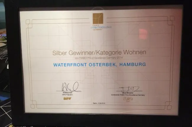 Auszeichnung Wohnungsbauprojekt Waterfront Osterbek in Hamburg Barmbek Bild: Auszeichnung Wohnungsbauprojekt Waterfront Osterbek in Hamburg Barmbek