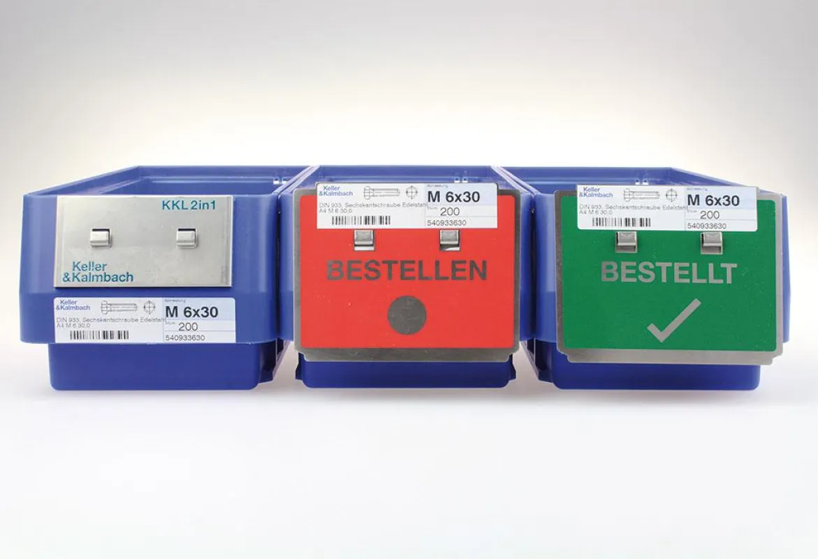 Trennelement teilt Behälter in Entnahme- und Meldebestand und ist optisches Bestellsymbol.