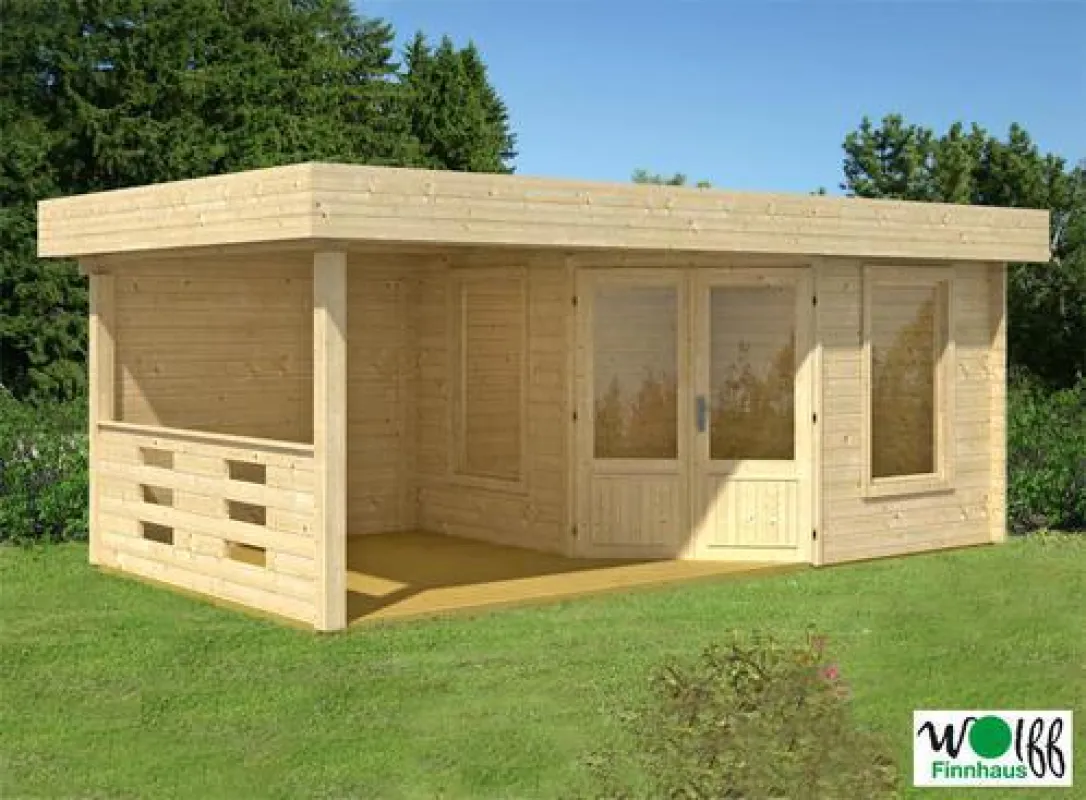 Gartenhaus mit überdachter Terrasse.