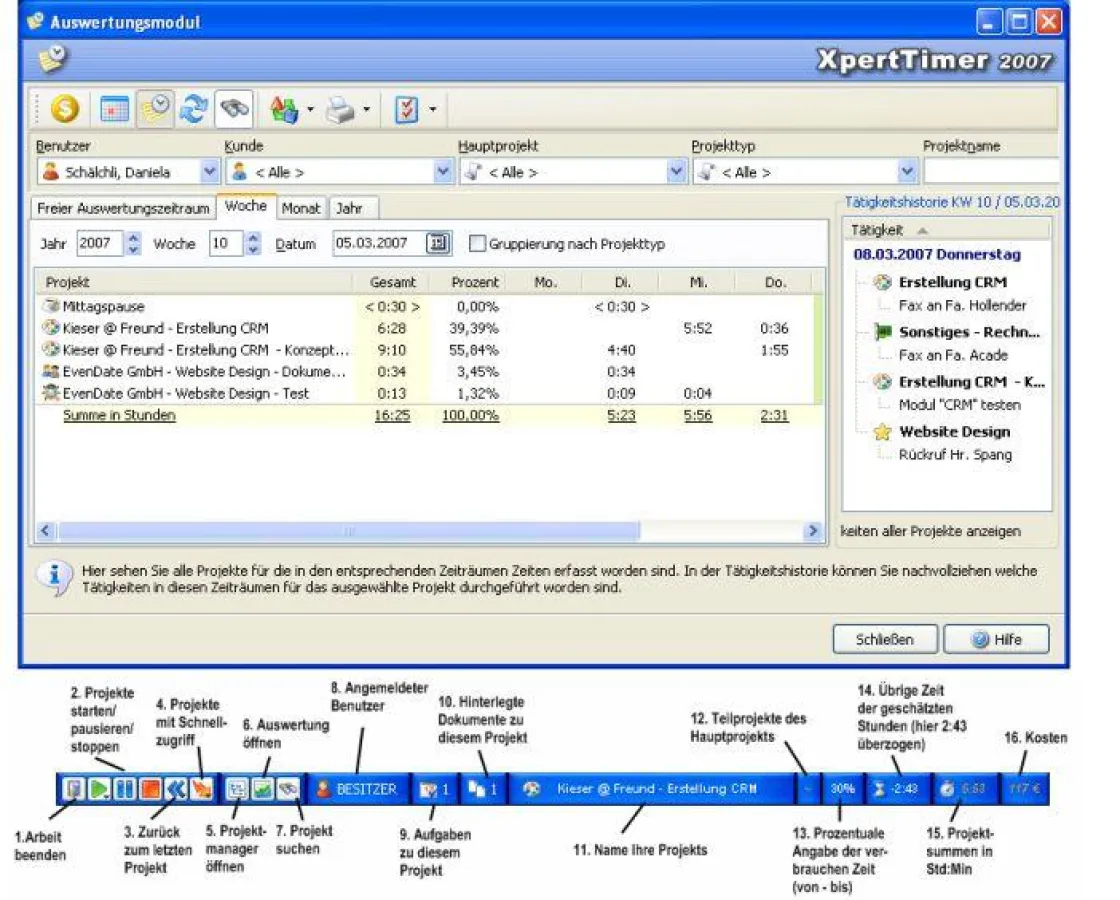 Screenshot des Projektmanagers und der Zeitleiste