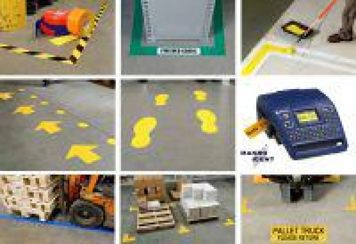 Bodenmarkierungen, Fußabdrücke, Pfeile und Bereichsmarkierungen