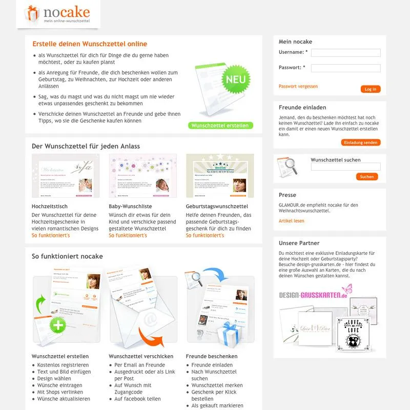 Die nocake-Homepage mit den neuen Themenwunschzettel