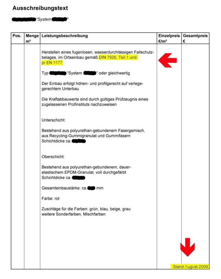 Ausschreibungstext mit veralteter Fallschutznorm, derzeit von einem Anbieter versendet.