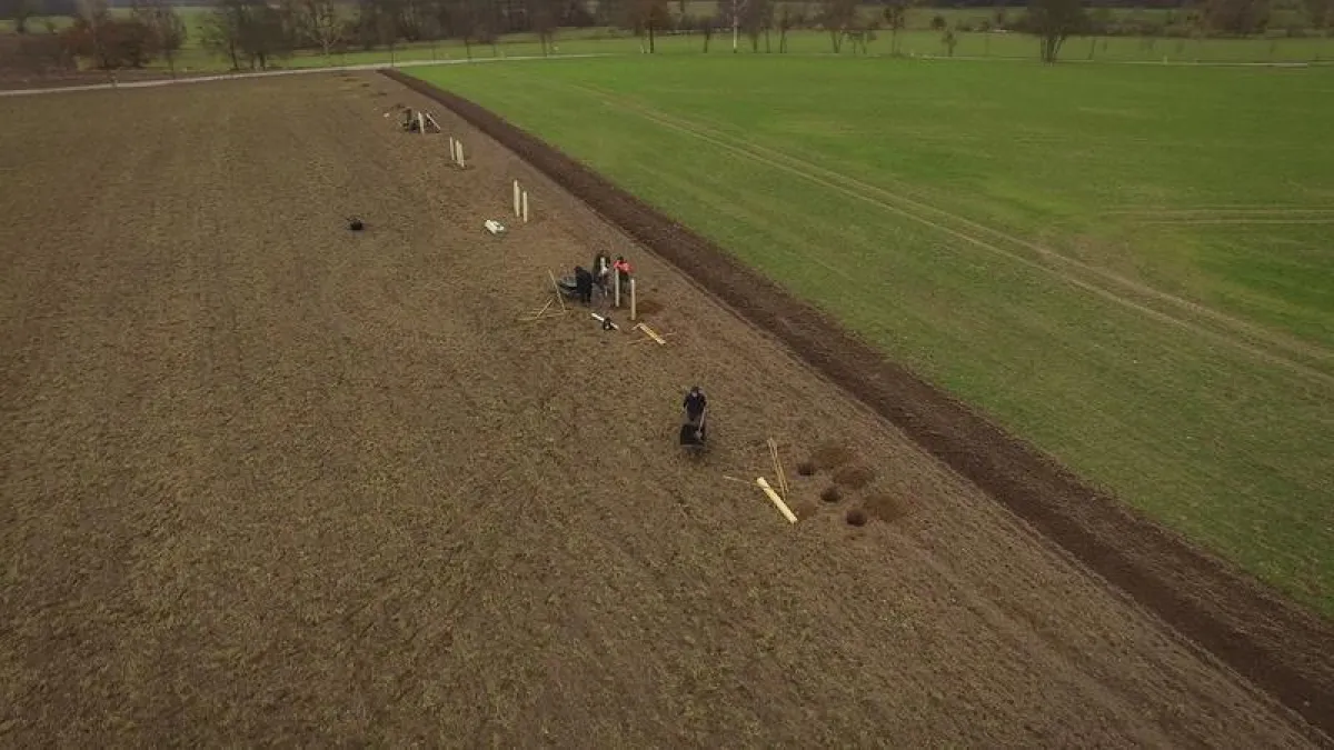 Luftbild der Baumpflanzaktion auf einer Agroforstfläche, dem Langzeitforschungs- und Modellprojekt im Löwenberger Land (Oberhavel, Brandenburg) der HNEE (© HNEE 2017)
