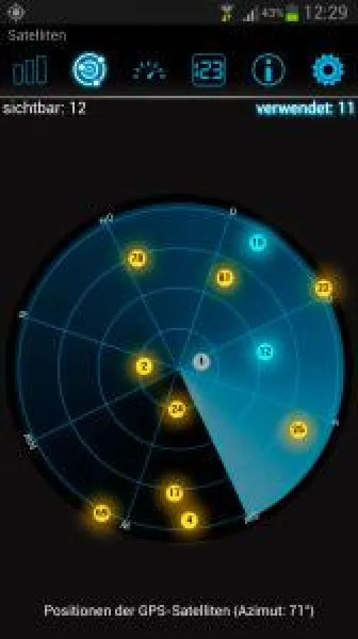 Auf dem Bild ist die App inViu GPS-details zu sehen, die Satelliten und GPS-Qualität anzeigen kann.