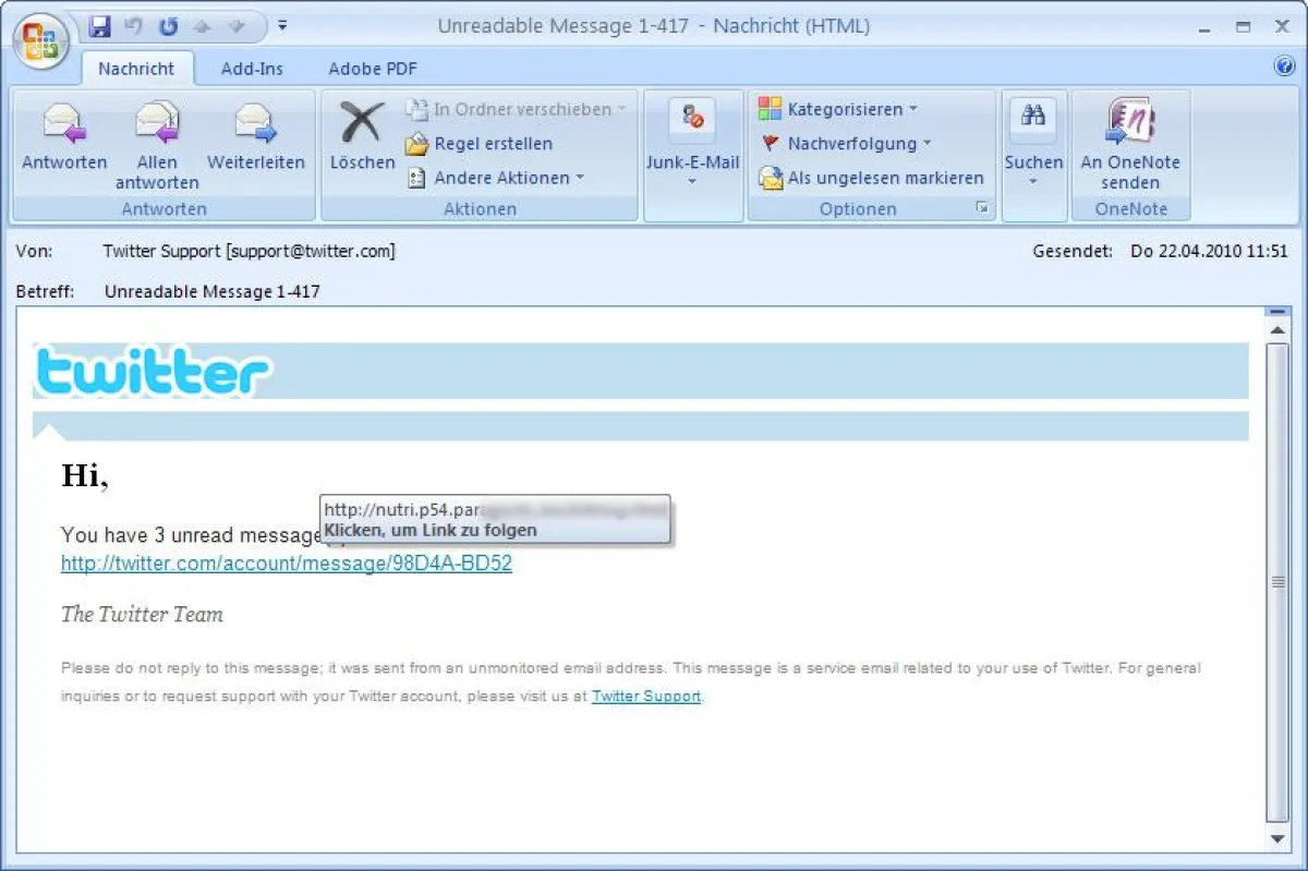 Gefälschte Twitter-Mail: Der eingefügte Link verweist auf eine andere Webseite als angegeben.