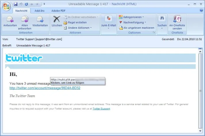 Massive Virenattacke mit gefälschten Twitter-Mails Bild: Massive Virenattacke mit gefälschten Twitter-Mails