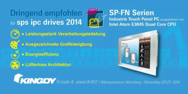 Auf SPS IPC Drives 2014: Kingdy SP-FN Serien Industrie Touch Panel PC mit Intel Atom E3845 Quad Core CPU Bild: Auf SPS IPC Drives 2014: Kingdy SP-FN Serien Industrie Touch Panel PC mit Intel Atom E3845 Quad Core CPU