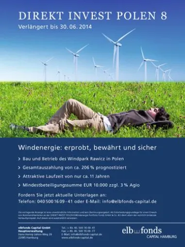 Windkraftfonds aus dem Hause elbfonds noch bis 21. Juli in der Platzierung Bild: Windkraftfonds aus dem Hause elbfonds noch bis 21. Juli in der Platzierung