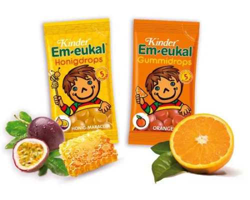 Bild: Ein buntes Kauvergnügen – die Kinder Em-eukal® Gummidrops gibt es nun in Rot, Gelb und Orange
