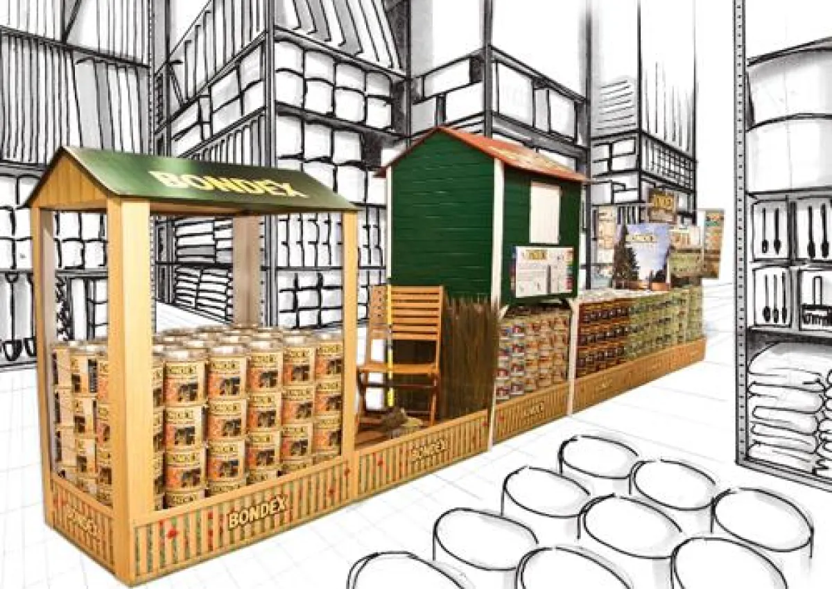 Sorgt für maximale Aufmerksamkeit bei den Baumarktkunden: das neue Bondex-Display mit Weka-Holzhaus.