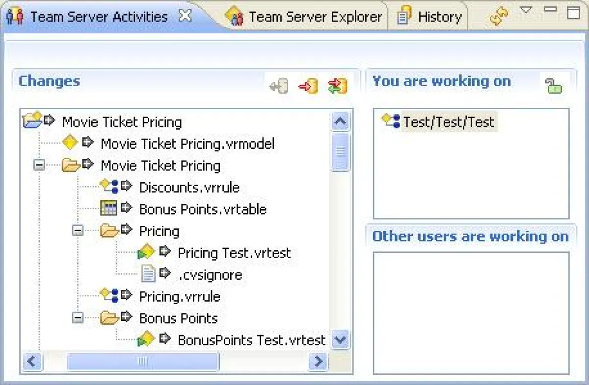 Die Activities-Ansicht des Team Servers zeigt alle Ressourcen-Änderungen sowie alle Ressourcen, an denen im Team aktuell gearbeitet wird.