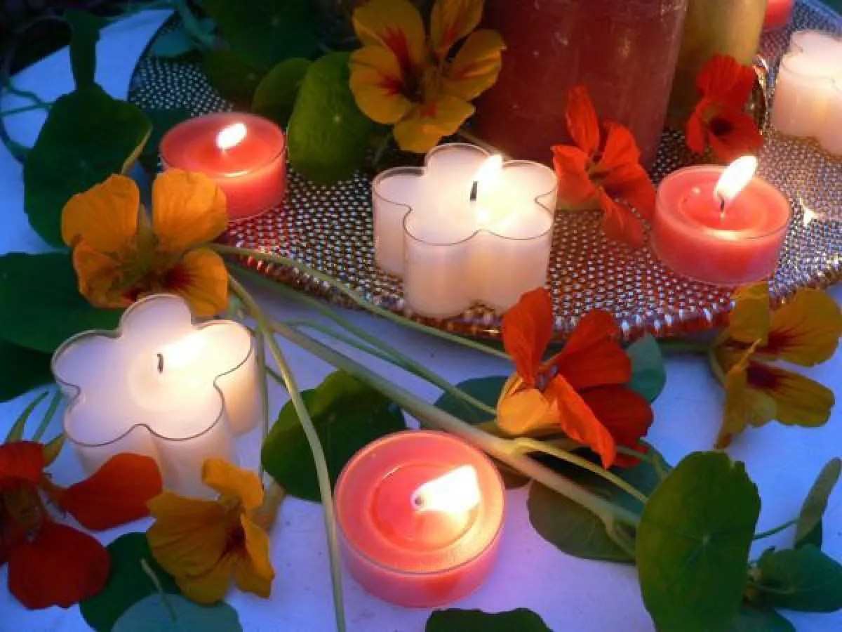 Bunte Tee- und Blütenlichte mit dem RAL-Gütezeichen heben die Stimmung und sorgen im Zusammenspiel mit Blüten und Früchten für herrlich herbstliche Stunden. Fotovermerk: Gütegemeinschaft Kerzen