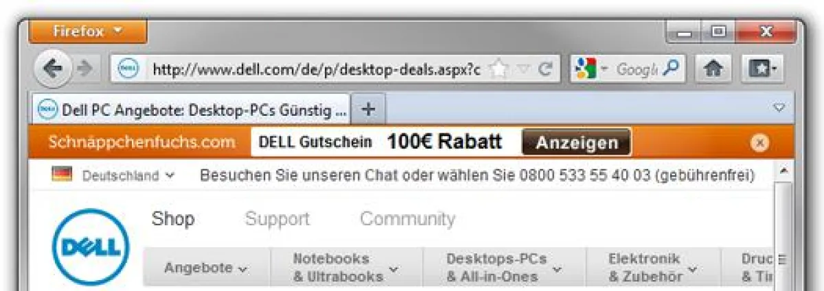 Schnäppchenfuchs Gutschein-Toolbar an einem Beispiel