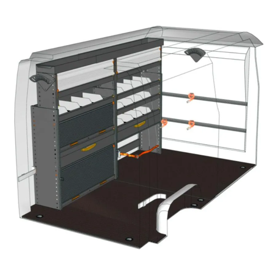 StoreVan Regalsystem mit Schubladen, Wannen mit Trennwänden, Koffern