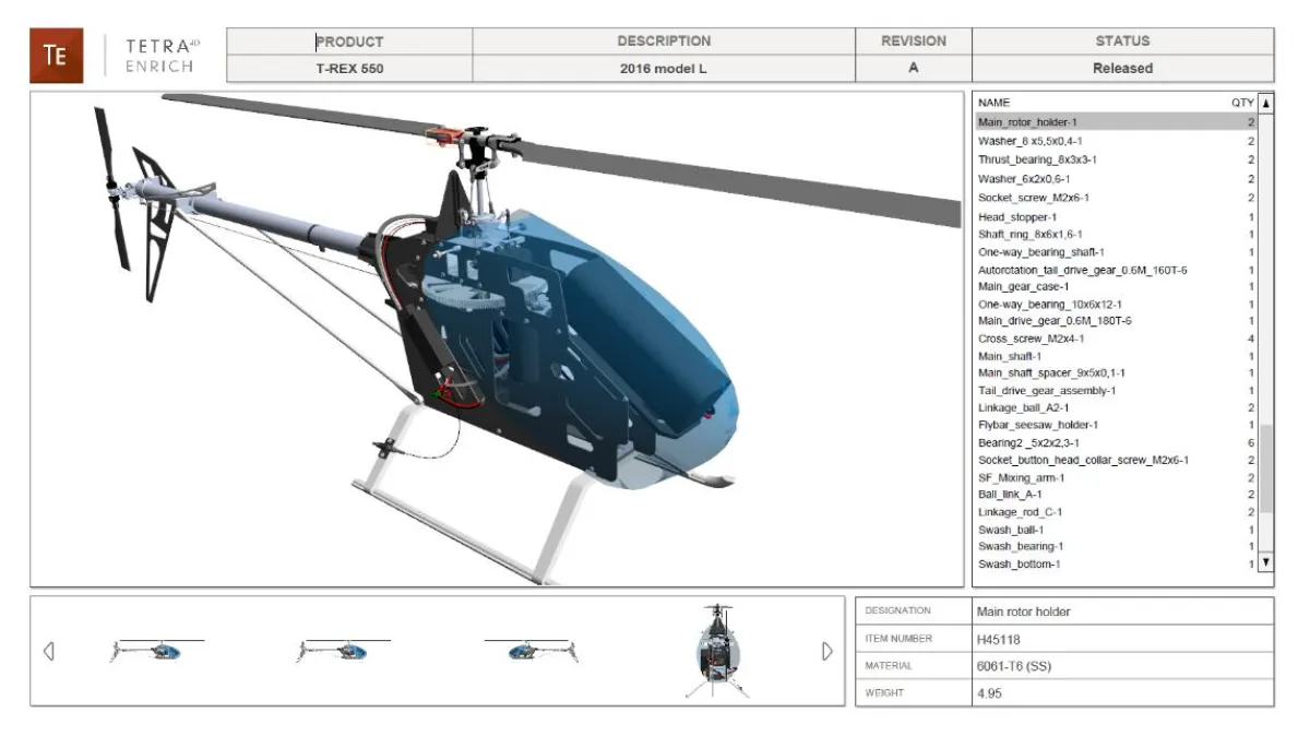 Das 3D PDF in Tetra4D Enrich mit Karussell, Stücklisten und Beschreibungen