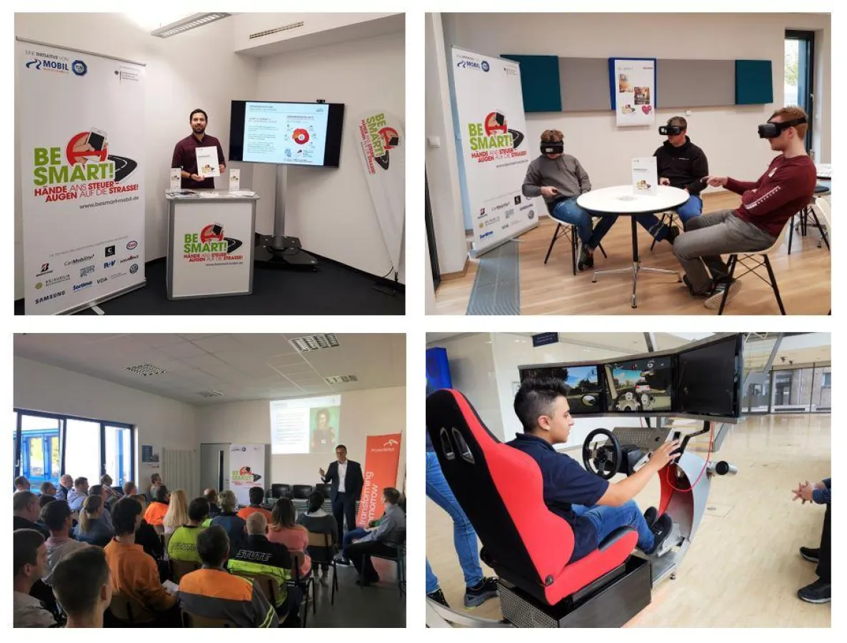 Die 4 möglichen Bestandteile der Workshops: Infostand, VR-Brillen, Impulsvortrag und Fahrsimulator