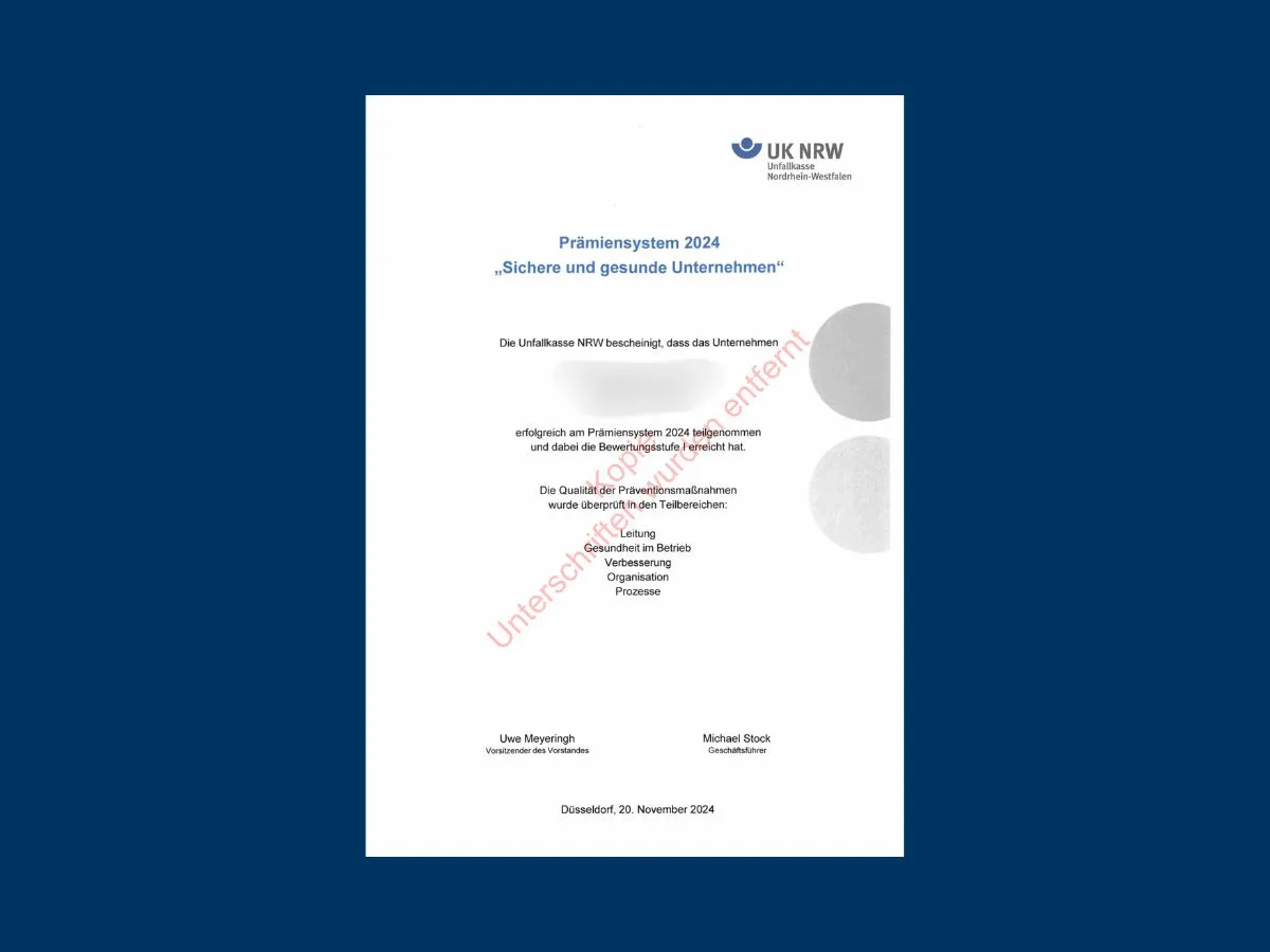 Urkunde | Prämiensystem 2024 „Sichere und gesunde Unternehmen“