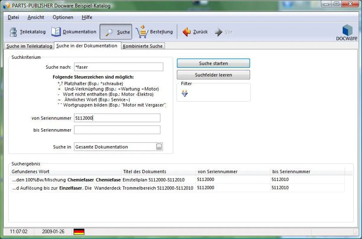 Suchmaske der Ersatzteilkatalogsoftware PARTS-PUBLISHER