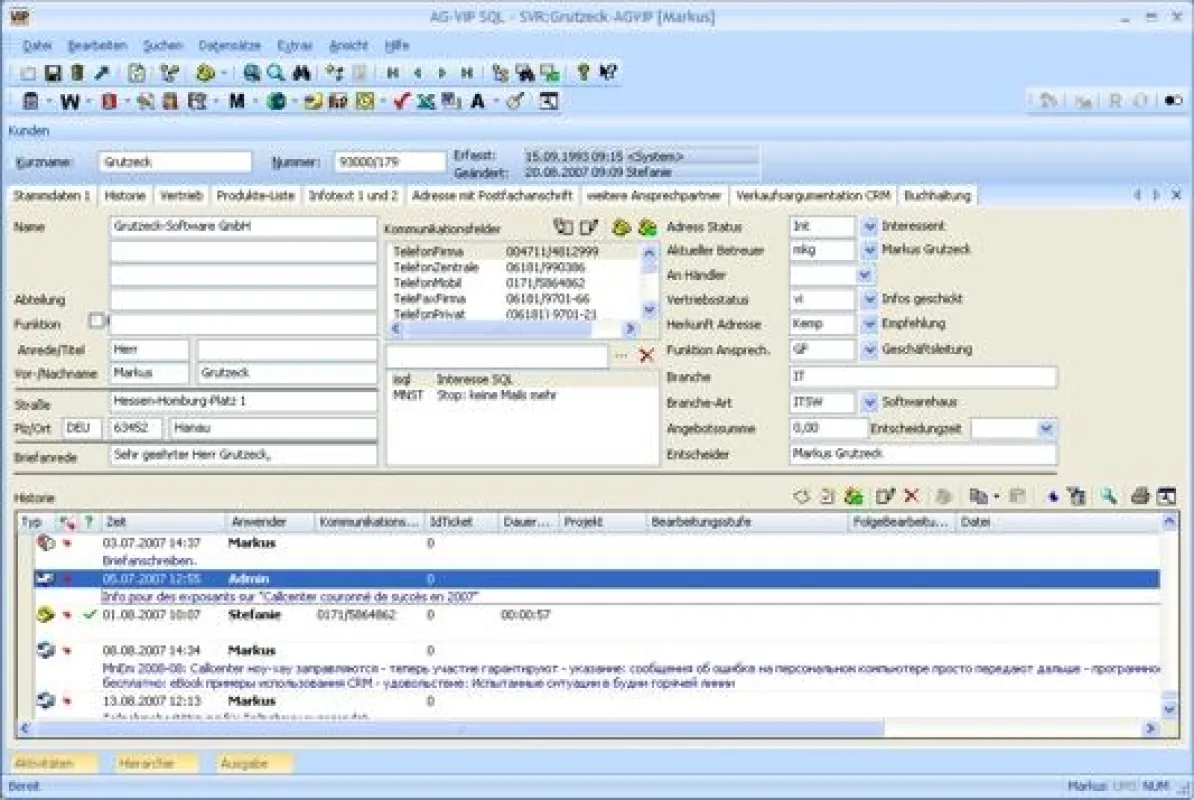Individuell designbare Oberfläche der CRM- und Callcenter Software AG-VIP SQL