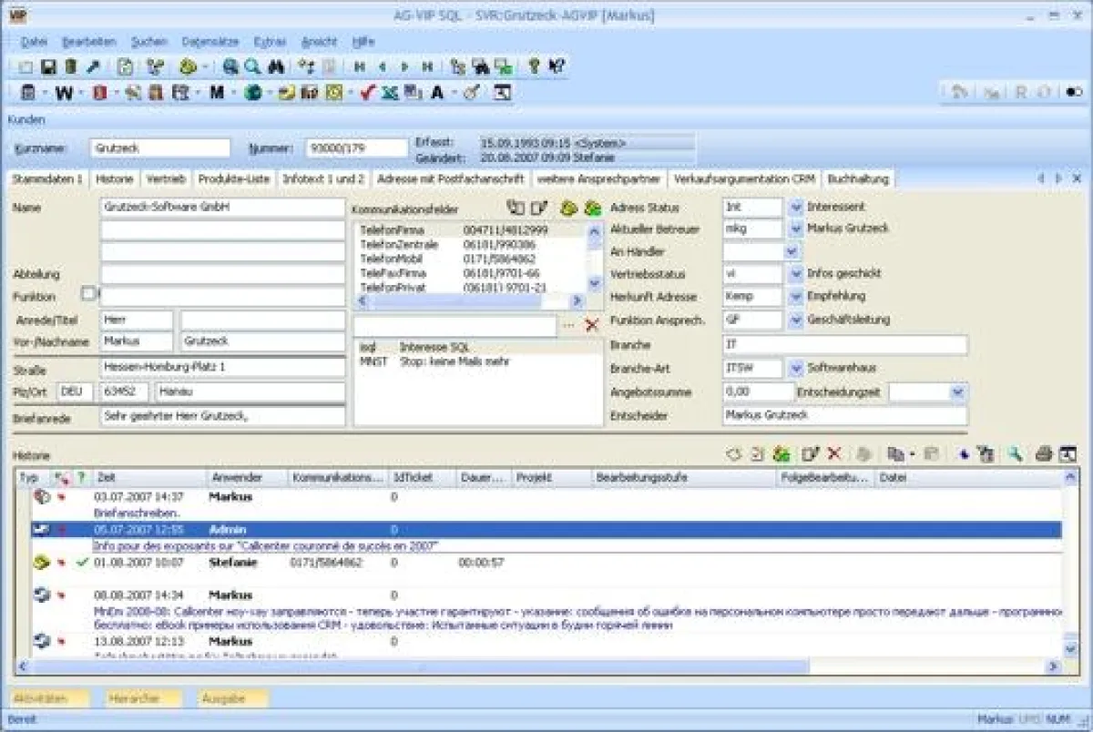 Individuell designbare Oberfläche der CRM- und Callcenter Software AG-VIP SQL
