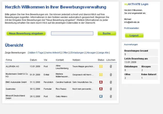 myAKTIVATE – die kostenlose Internetplattform, um Bewerbungen online zu verwalten Bild: myAKTIVATE – die kostenlose Internetplattform, um Bewerbungen online zu verwalten