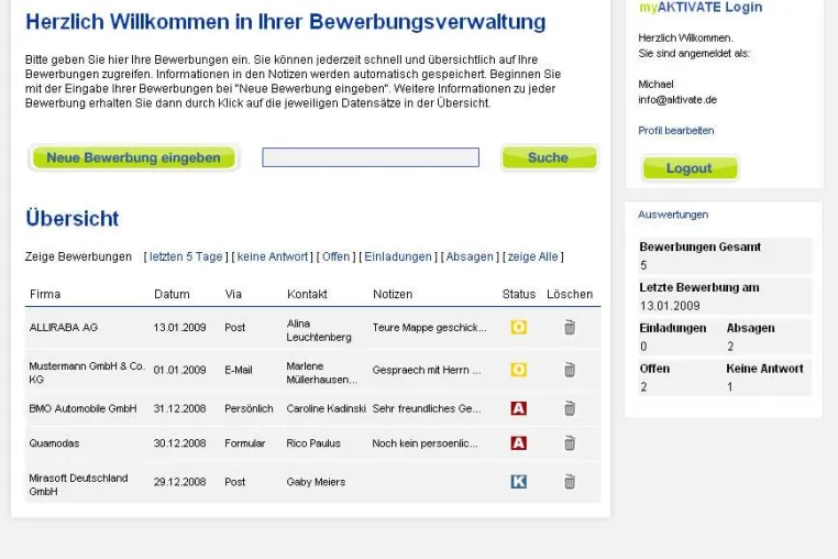 Bild: myAKTIVATE – die kostenlose Internetplattform, um Bewerbungen online zu verwalten