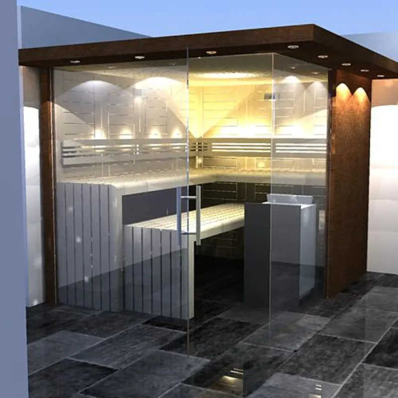 Fotorealistische Darstellung einer Massivholzsauna mit Außenverkleidung aus Thermoeiche