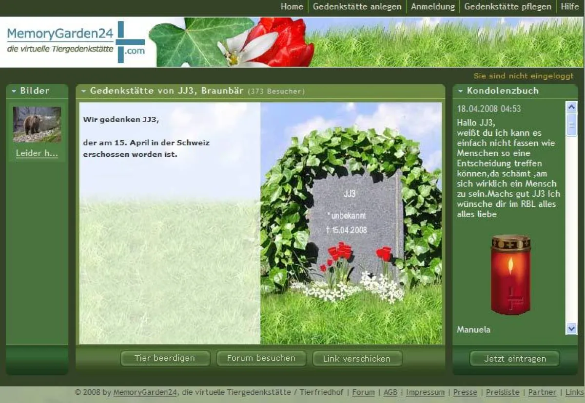 Virtuelle Gedenkstätte von JJ3 auf MemoryGarden24.com