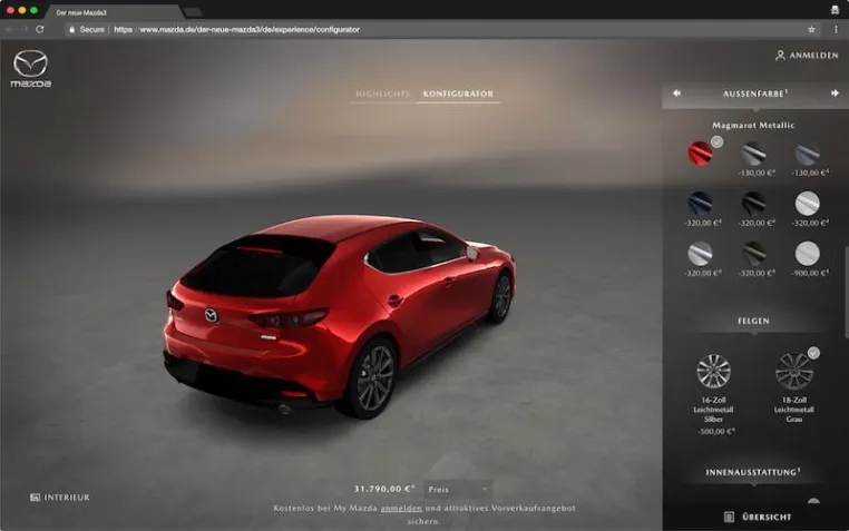 Der neue Mazda3: Demodern realisiert 3D-Autokonfigurator in WebGL Bild: Der neue Mazda3: Demodern realisiert 3D-Autokonfigurator in WebGL
