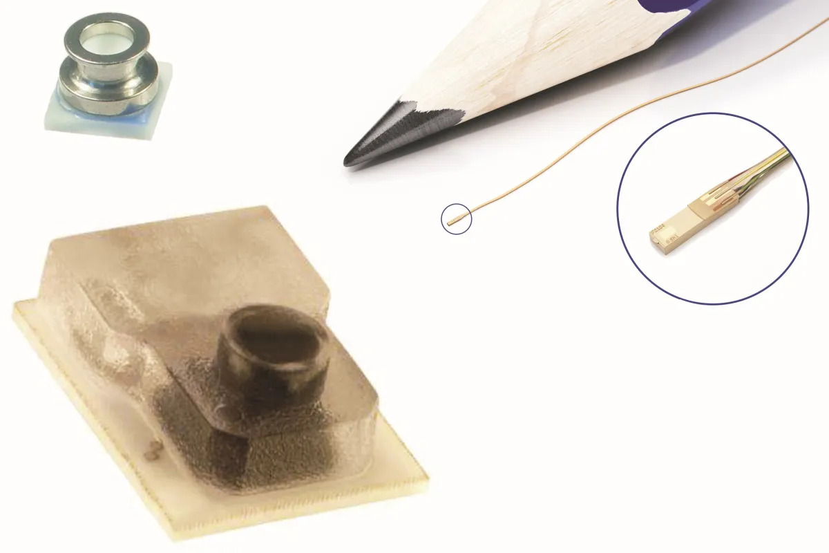 Vom Bleistift als Größenvergleich im Uhrzeigersinn:  IntraSense (mit Vergößerung),  1620,  MS5839 (© AMSYS)