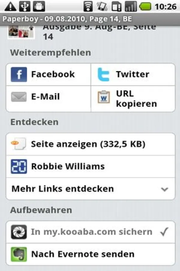 Resultatseite - kooaba Paperboy App für Android