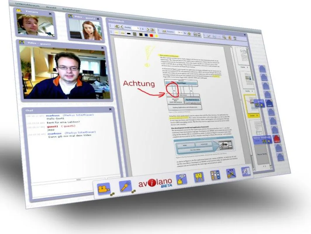 avilano-Webkonferenzraum mit Live-Audio, Live-Video, Live-Chat und Live-Tafel