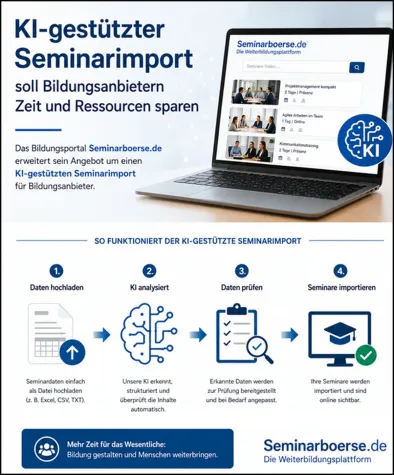 KI-gestützter Seminarimport soll Bildungsanbietern Zeit und Ressourcen sparen Bild: KI-gestützter Seminarimport soll Bildungsanbietern Zeit und Ressourcen sparen