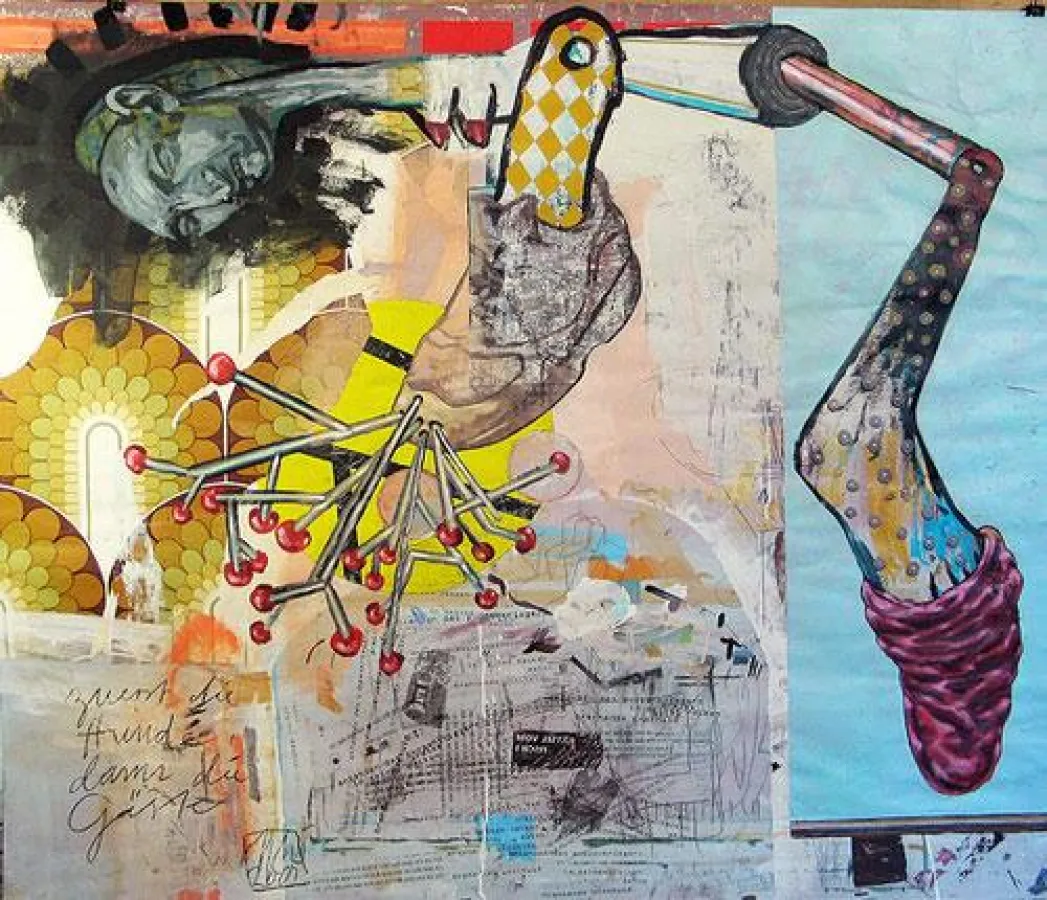 Thomas Offhaus,Zuerst die Hunde dann die Gäste, 2006, MIschtechnik auf Papier, 98 x 117 cm