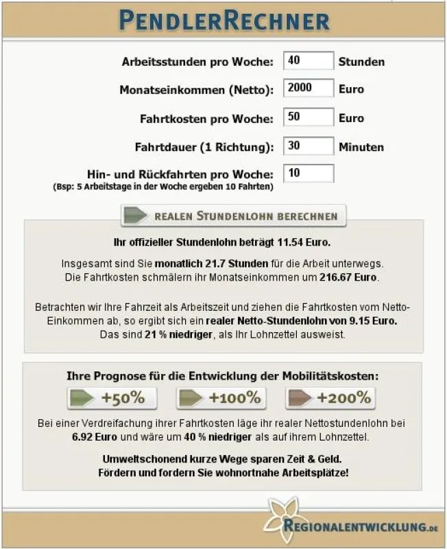 Pendler-Rechner auf Regionalentwicklung.de