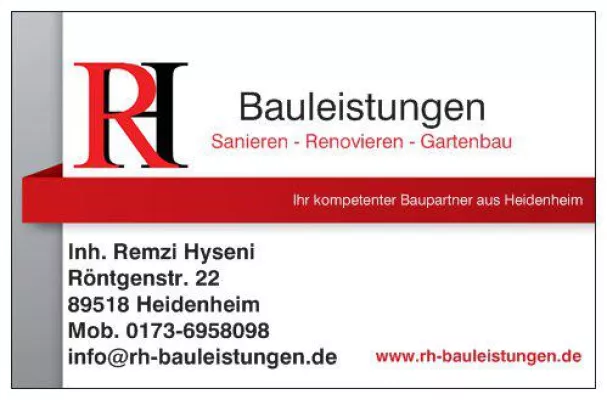 RH-Bauleistungen - Ihr Baupartner aus Heidenheim, nun auch im Internet präsent. Bild: RH-Bauleistungen - Ihr Baupartner aus Heidenheim, nun auch im Internet präsent.