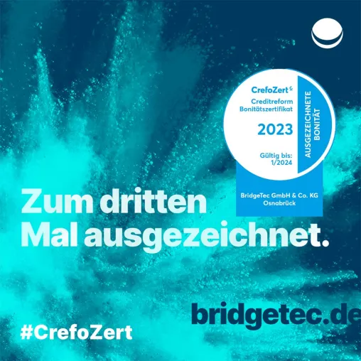 BRIDGETEC GmbH & Co. KG wird zum dritten Mal mit dem CrefoZert ausgezeichnet Bild: BRIDGETEC GmbH & Co. KG wird zum dritten Mal mit dem CrefoZert ausgezeichnet