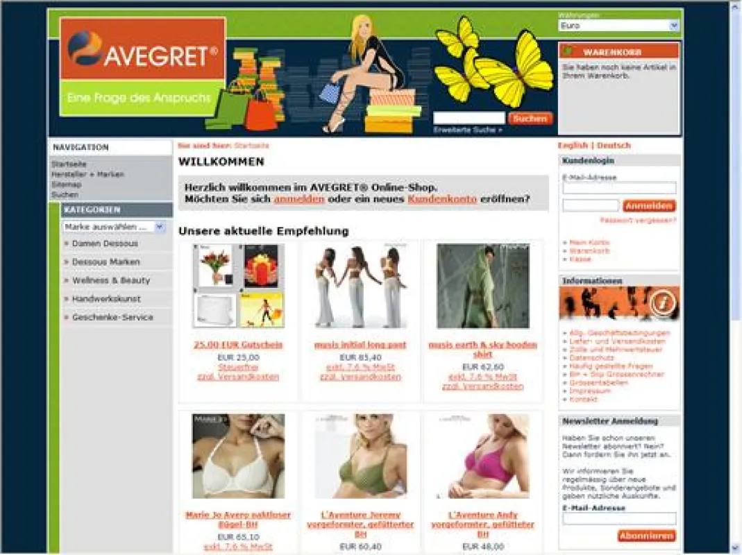Startseite des Avegret Online Shops