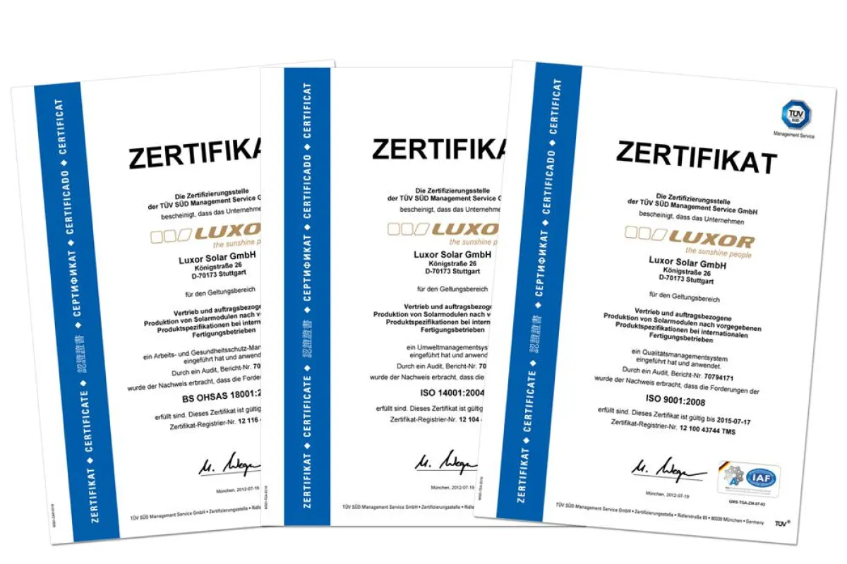Luxor erhält ISO 9001:2008, ISO 14001:2004 und OHSAS 18001:2007